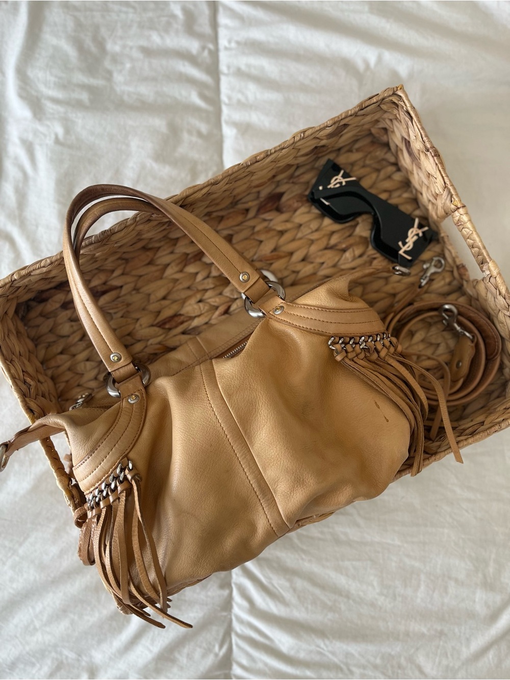 Tan Leather Fringe Satchel Bag by